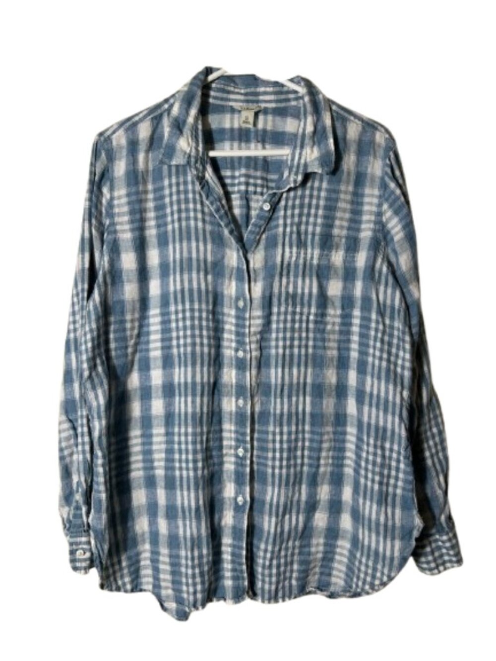 LL Bean blue white plaid 100% linen button up shirt womens XL